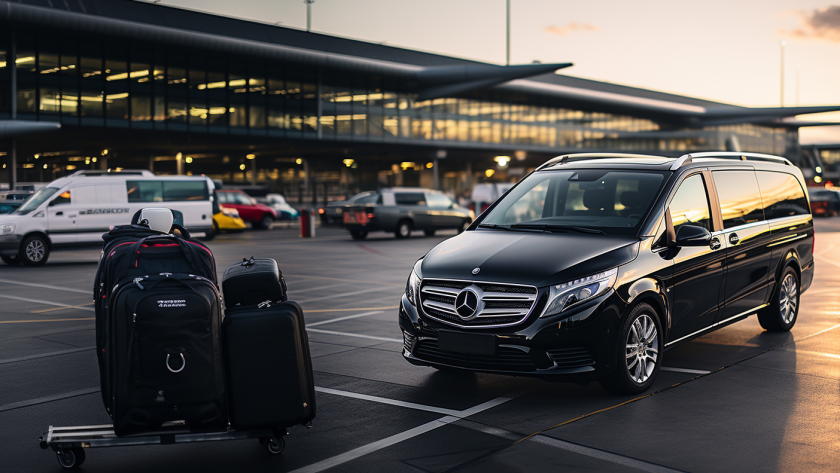 Black Mercedes V-Class providing business-class transportation at Tashkent Airport